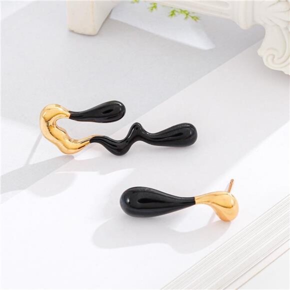 Small Black Teardrop Earrings – Asymmetrical Patchwork Studs - Picture 3 of 5